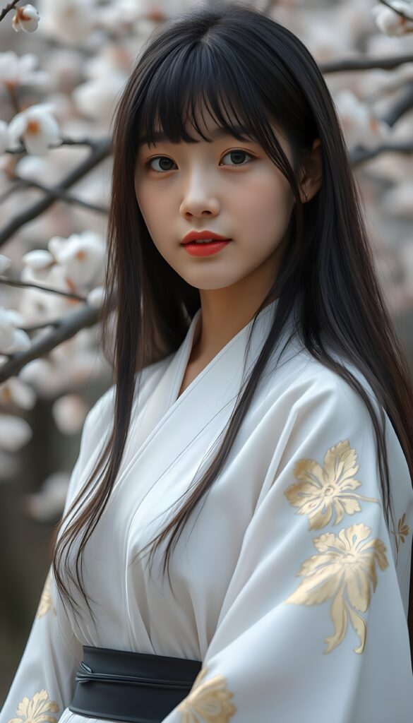 a stunningly beautiful young stunning (((Korean model girl))) with (((soft slightly jet straight black soft open hair, the long hair falls down to her waist, bangs))), exuding a (((vividly realistic glow))) that gives off an air of (((ethereal innocence))), her (((detailed, angelic face))) radiating joyful excitement, consisting of (((subtle, elegant patterns))), a (((soft, traditional white kimono with golden floral pattern, black belt))). She is captured in a (((portrait shot))), with a flawlessly proportioned figure and (((minimalist clothing))) that accentuates every curve, embodying an (((effortless beauty))). Cherry blossom trees in the backdrop.