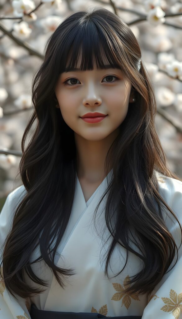 a stunningly beautiful young stunning (((Japanese model girl))) with (((soft slightly wavy black soft open hair, the long hair falls down to her waist, bangs))), exuding a (((vividly realistic glow))) that gives off an air of (((ethereal innocence))), her (((detailed, angelic face))) radiating joyful excitement, consisting of (((subtle, elegant patterns))), a (((soft, traditional white hanbok with golden floral pattern, black belt))). She is captured in a (((portrait shot))), with a flawlessly proportioned figure and (((minimalist clothing))) that accentuates every curve, embodying an (((effortless beauty))). Cherry blossom trees in the backdrop.