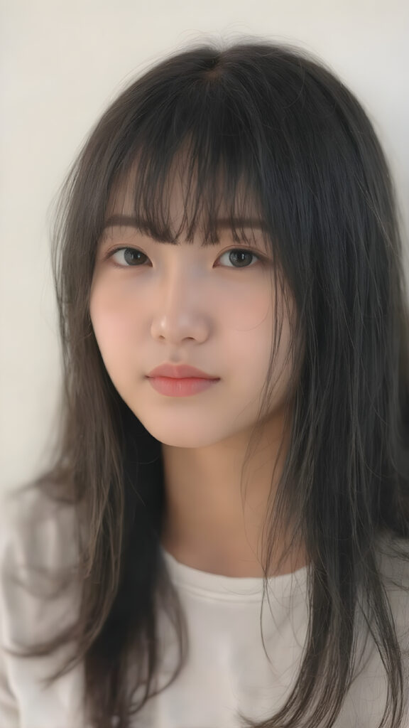 a stunningly beautiful (((Japanese teen model school girl))) with (((soft straight black hair, the long hair falls down to her waist))), exuding a (((vividly realistic glow))) that gives off an air of (((ethereal innocence))), her (((detailed, angelic face))) radiating joyful excitement, consisting of (((subtle, elegant patterns))), a (((soft, empty canvas))). She is captured in a (((portrait shot))), with a flawlessly proportioned figure and (((minimalist clothing))) that accentuates every curve, embodying an (((effortless beauty)))