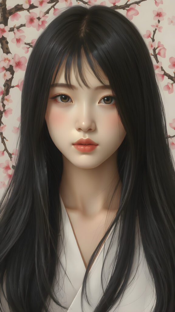 a stunningly beautiful (((Japanese teen model girl))) with (((soft straight black hair, the long hair falls down to her waist))), exuding a (((vividly realistic glow))) that gives off an air of (((ethereal innocence))), her (((detailed, angelic face))) radiating joyful excitement, framed by a (((cherry blossom backdrop))) consisting of (((subtle, elegant patterns))), a (((soft, empty canvas))). She is captured in a (((portrait shot))), with a flawlessly proportioned figure and (((minimalist clothing))) that accentuates every curve, embodying an (((effortless beauty)))