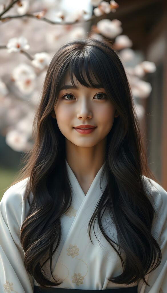a stunningly beautiful young stunning (((Japanese model girl))) with (((soft slightly wavy black soft open hair, the long hair falls down to her waist, bangs))), exuding a (((vividly realistic glow))) that gives off an air of (((ethereal innocence))), her (((detailed, angelic face))) radiating joyful excitement, consisting of (((subtle, elegant patterns))), a (((soft, traditional white hanbok with golden floral pattern, black belt))). She is captured in a (((portrait shot))), with a flawlessly proportioned figure and (((minimalist clothing))) that accentuates every curve, embodying an (((effortless beauty))). Cherry blossom trees in the backdrop.