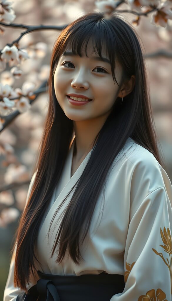 a stunningly beautiful young stunning (((Korean model girl))) with (((soft slightly jet straight black soft open hair, the long hair falls down to her waist, bangs))), exuding a (((vividly realistic glow))) that gives off an air of (((ethereal innocence))), her (((detailed, angelic face))) radiating joyful excitement, consisting of (((subtle, elegant patterns))), a (((soft, traditional white kimono with golden floral pattern, black belt))). She is captured in a (((portrait shot))), with a flawlessly proportioned figure and (((minimalist clothing))) that accentuates every curve, embodying an (((effortless beauty))). Cherry blossom trees in the backdrop.