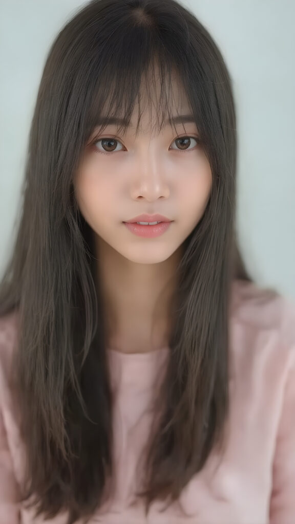 a stunningly beautiful (((Japanese teen model school girl))) with (((soft straight black hair, the long hair falls down to her waist))), exuding a (((vividly realistic glow))) that gives off an air of (((ethereal innocence))), her (((detailed, angelic face))) radiating joyful excitement, consisting of (((subtle, elegant patterns))), a (((soft, empty canvas))). She is captured in a (((portrait shot))), with a flawlessly proportioned figure and (((minimalist clothing))) that accentuates every curve, embodying an (((effortless beauty)))
