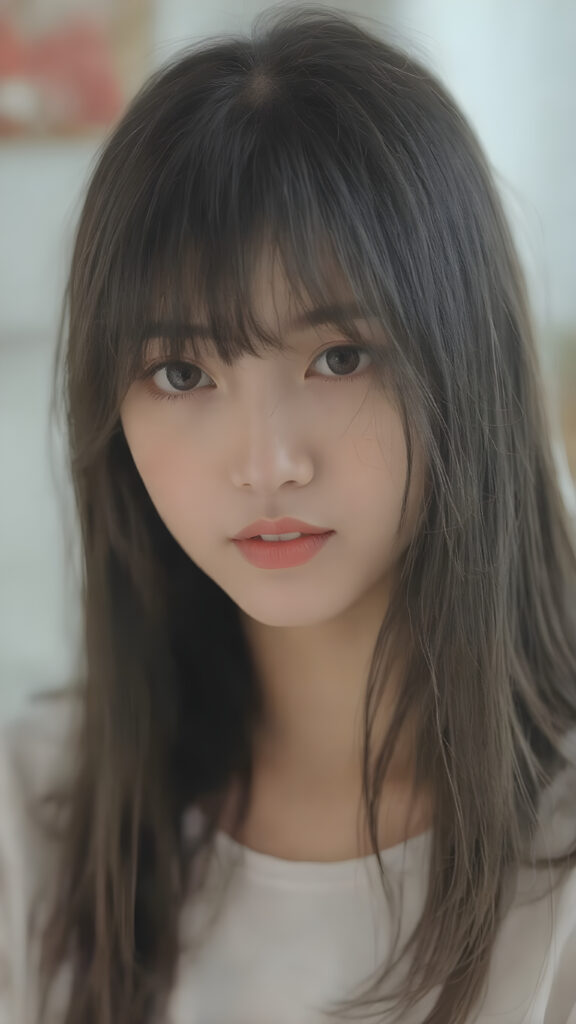 a stunningly beautiful (((Japanese teen model school girl))) with (((soft straight black hair, the long hair falls down to her waist))), exuding a (((vividly realistic glow))) that gives off an air of (((ethereal innocence))), her (((detailed, angelic face))) radiating joyful excitement, consisting of (((subtle, elegant patterns))), a (((soft, empty canvas))). She is captured in a (((portrait shot))), with a flawlessly proportioned figure and (((minimalist clothing))) that accentuates every curve, embodying an (((effortless beauty)))