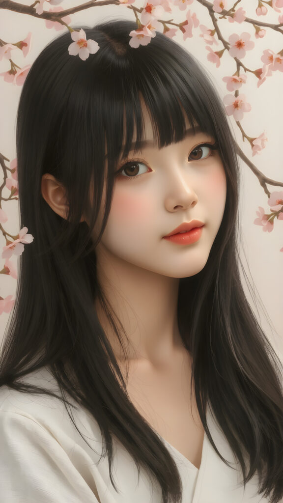 a stunningly beautiful (((Japanese teen model girl))) with (((soft straight black hair, the long hair falls down to her waist))), exuding a (((vividly realistic glow))) that gives off an air of (((ethereal innocence))), her (((detailed, angelic face))) radiating joyful excitement, framed by a (((cherry blossom backdrop))) consisting of (((subtle, elegant patterns))), a (((soft, empty canvas))). She is captured in a (((portrait shot))), with a flawlessly proportioned figure and (((minimalist clothing))) that accentuates every curve, embodying an (((effortless beauty)))