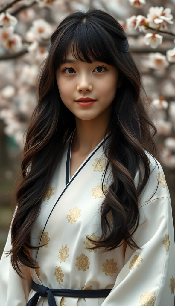a stunningly beautiful young stunning (((Japanese model girl))) with (((soft slightly wavy black soft open hair, the long hair falls down to her waist, bangs))), exuding a (((vividly realistic glow))) that gives off an air of (((ethereal innocence))), her (((detailed, angelic face))) radiating joyful excitement, consisting of (((subtle, elegant patterns))), a (((soft, traditional white hanbok with golden floral pattern, black belt))). She is captured in a (((portrait shot))), with a flawlessly proportioned figure and (((minimalist clothing))) that accentuates every curve, embodying an (((effortless beauty))). Cherry blossom trees in the backdrop.
