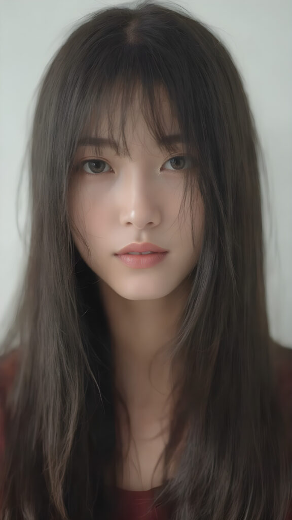 a stunningly beautiful (((Japanese teen model school girl))) with (((soft straight black hair, the long hair falls down to her waist))), exuding a (((vividly realistic glow))) that gives off an air of (((ethereal innocence))), her (((detailed, angelic face))) radiating joyful excitement, consisting of (((subtle, elegant patterns))), a (((soft, empty canvas))). She is captured in a (((portrait shot))), with a flawlessly proportioned figure and (((minimalist clothing))) that accentuates every curve, embodying an (((effortless beauty)))