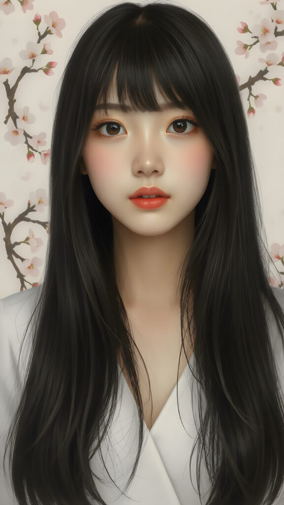 a stunningly beautiful (((Japanese teen model girl))) with (((soft straight black hair, the long hair falls down to her waist))), exuding a (((vividly realistic glow))) that gives off an air of (((ethereal innocence))), her (((detailed, angelic face))) radiating joyful excitement, framed by a (((cherry blossom backdrop))) consisting of (((subtle, elegant patterns))), a (((soft, empty canvas))). She is captured in a (((portrait shot))), with a flawlessly proportioned figure and (((minimalist clothing))) that accentuates every curve, embodying an (((effortless beauty)))