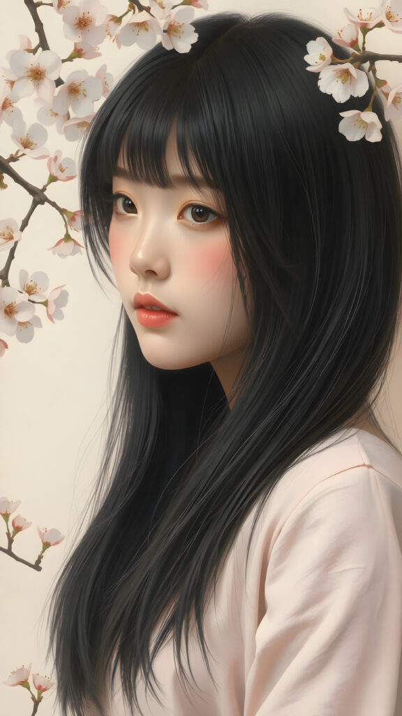 a stunningly beautiful (((Japanese teen model girl))) with (((soft straight black hair, the long hair falls down to her waist))), exuding a (((vividly realistic glow))) that gives off an air of (((ethereal innocence))), her (((detailed, angelic face))) radiating joyful excitement, framed by a (((cherry blossom backdrop))) consisting of (((subtle, elegant patterns))), a (((soft, empty canvas))). She is captured in a (((portrait shot))), with a flawlessly proportioned figure and (((minimalist clothing))) that accentuates every curve, embodying an (((effortless beauty)))