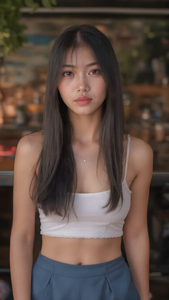 a (((stunningly detailed full-body image))) featuring a beautiful young Asian girl with luxurious, silky straight black hair falls down and (((natural light eyes))), flawless skin in a (soft, natural tone), and (pale, yet incredibly detailed and perfectly proportioned lips) that are full and tend to naturally pinkish hue. She's dressed in a (((very short white spaghetti tank top))), (((luffed by an intricate and detailed mesh crop top that accentuates her perfect figure))) and (((flared bluedark skirt))), at an outdoor bar in a warm summer evening, where she exudes an air of gentle sophistication