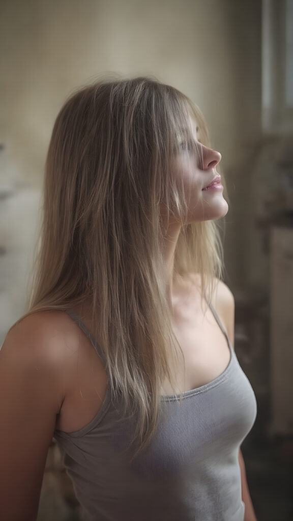 a (((stunningly detailed full-body image))) capturing a a girl in a lifting tank top, long hair