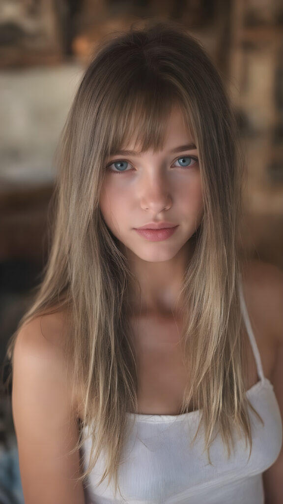 a stunningly (((cute and elegant)) young teen girl) with intricate long (straight soft hair) that extends down her back, dressed in a (((short white cropped tank top))), featuring perfect curves and an ultra realistic face with (detailed, realistic eyes). Her hair framing her face in a masterful composition that draws the eye. The scene is captured with a (highly detailed, ultra realistic image) that exudes a warm glow, emphasizing depth through softly blurred focus and a touch of (film grain), while the girl looks directly at the viewer with a (serene smile) that draws attention to her upper body, which stands out in striking detail against a (masterfully crafted, ultra realistic backdrop) that borders on (best-quality art)