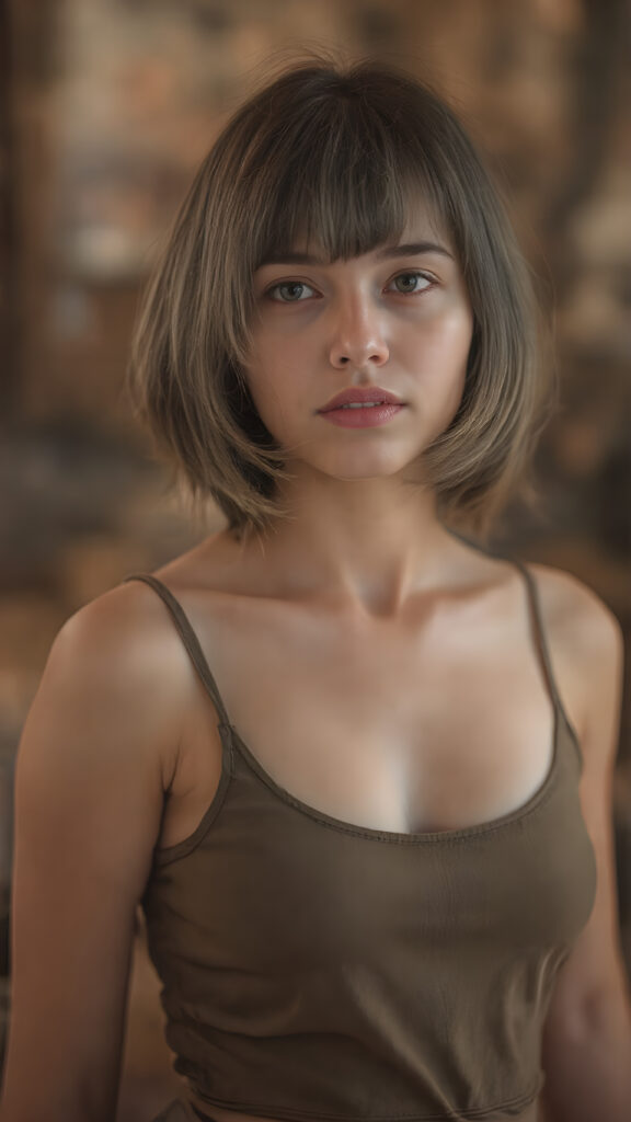 a (((stunningly detailed full-body image))) capturing a gentle girl in a lifted sort cropped spaghetti tank top, hair in bob cut