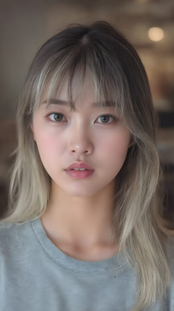 young adult girl, straight blond soft hair, she wears a grey t-shirt