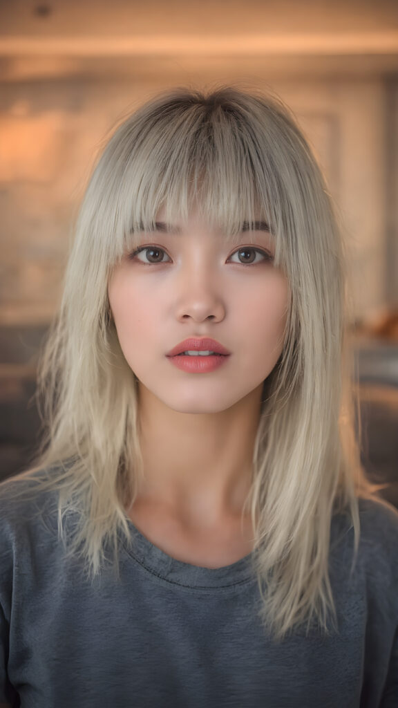 young adult girl, straight blond soft hair, she wears a grey t-shirt