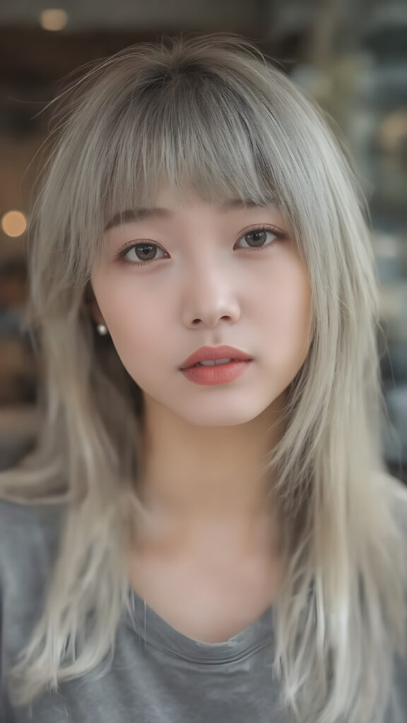 young adult girl, straight blond soft hair, she wears a grey t-shirt