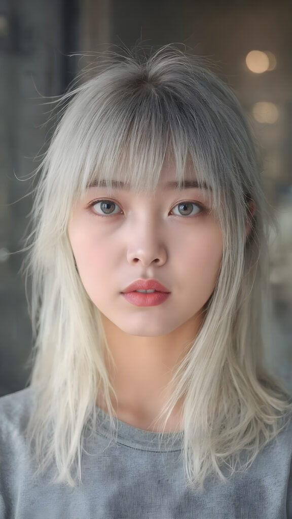 young adult girl, straight blond soft hair, she wears a grey t-shirt