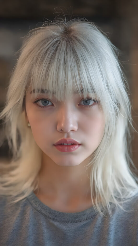 young adult girl, straight blond soft hair, she wears a grey t-shirt