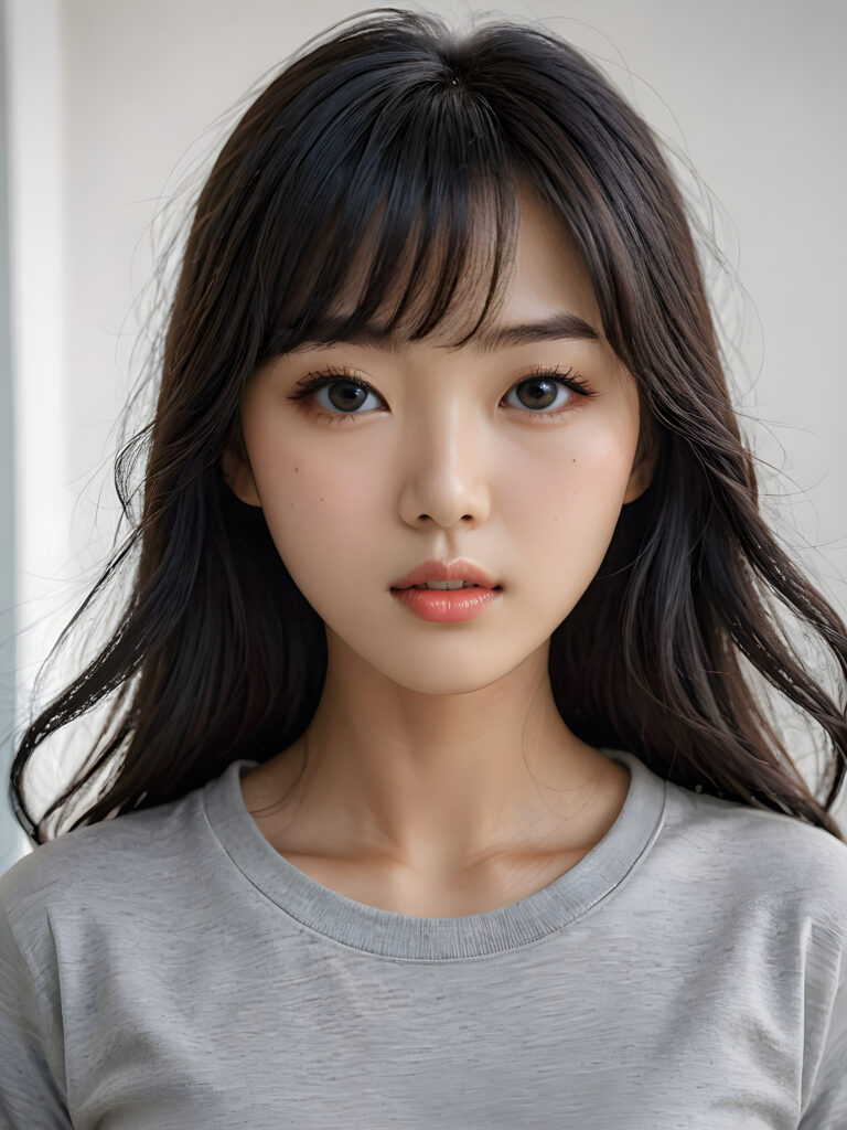 a stunningly detailed (((photograph))) capturing the intricate upper body of a (((realistically Korean girl))), with lively, dynamically detailed straight long flowing black hair with bangs frame her face, full lips, looks seductively and with her mouth slightly open, striking realistic and detailed eyes gazing directly at the viewer, set against a sophisticated, light (background), ((wears a grey t-shirt))