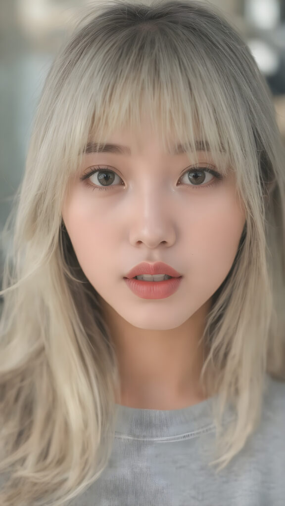 young adult girl, straight blond soft hair, she wears a grey t-shirt