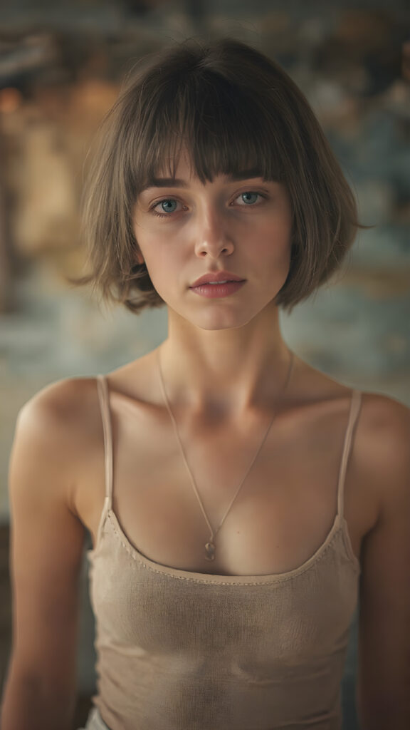 a (((stunningly detailed full-body image))) capturing a gentle girl in a lifted sort cropped spaghetti tank top, hair in bob cut