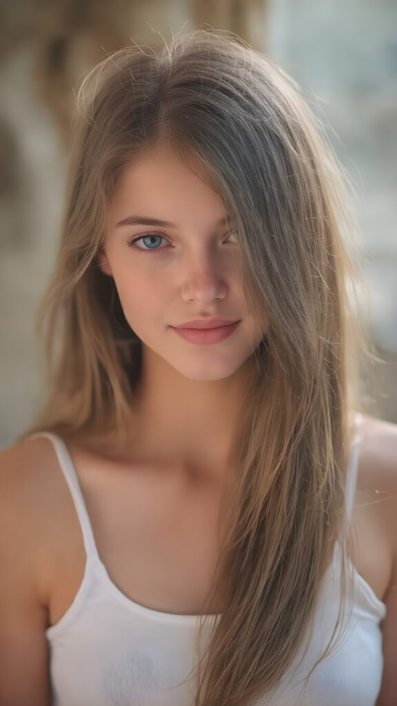 a stunningly (((cute and elegant)) young teen girl) with intricate long (straight soft hair) that extends down her back, dressed in a (((short white cropped tank top))), featuring perfect curves and an ultra realistic face with (detailed, realistic eyes). Her hair framing her face in a masterful composition that draws the eye. The scene is captured with a (highly detailed, ultra realistic image) that exudes a warm glow, emphasizing depth through softly blurred focus and a touch of (film grain), while the girl looks directly at the viewer with a (serene smile) that draws attention to her upper body, which stands out in striking detail against a (masterfully crafted, ultra realistic backdrop) that borders on (best-quality art)