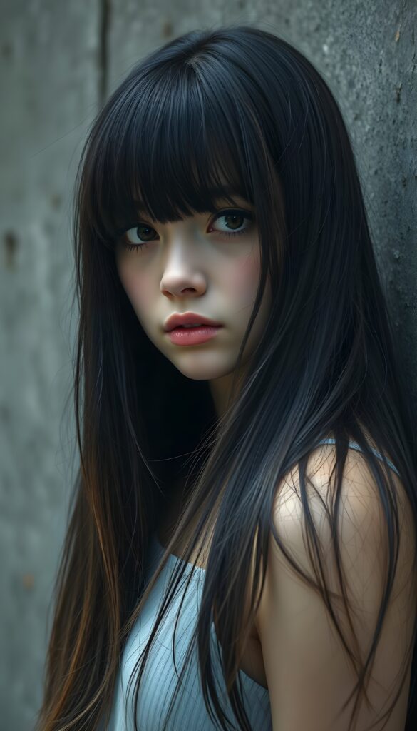 a (((stunningly teen emo girl))) with (((incredibly long, soft silky black straight hair and brown highlights frame her round face, bangs))), framed by a (((gray concrete backdrop))), reflecting a ((sad expression))) that suggests the weight of the world resting on her shoulders, amber eyes. Realistic, Detailed, HDR.