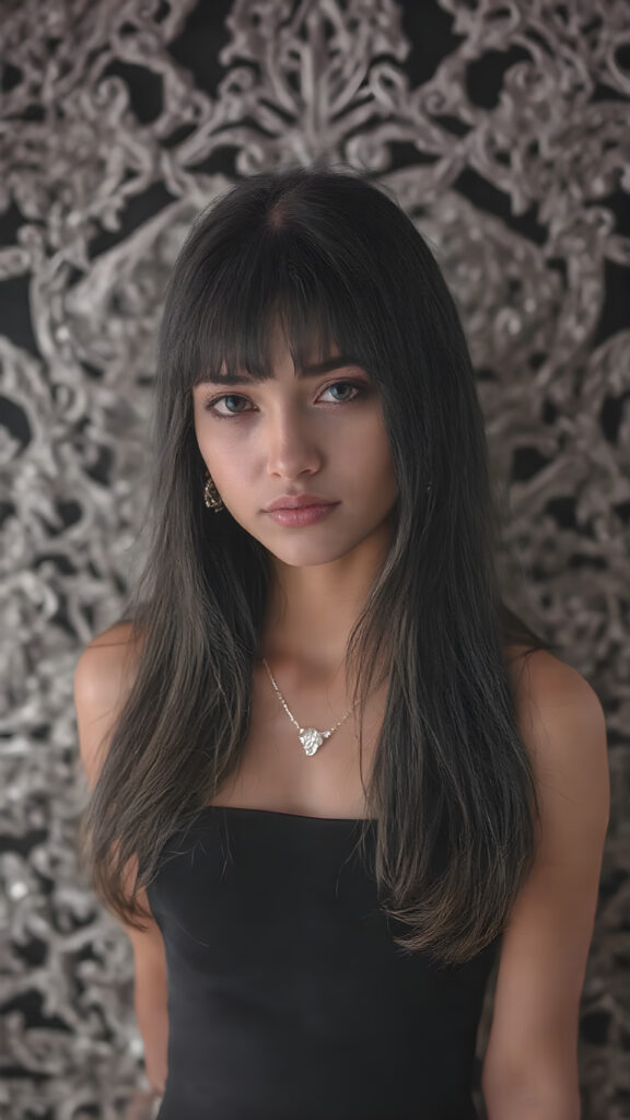 a stunningly gorgeous young girl, age 18, with long, flowing black hair and dark eyes, exuding an air of confidence and allure. She is elegantly dressed in a sleek, form-fitting black mini dress and ((sparkly diamond earrings)), accessorizing with a luxurious black handbag and ((black heels)). Her hair is styled in loose, bangs that mimic the look of the 2020s, with a sleek, minimalist necklace that complements the overall look. The background is a (((black and white mini square frame) adorned with intricate, diamond-like patterns and luxurious details, adding to the overall sophistication of the image