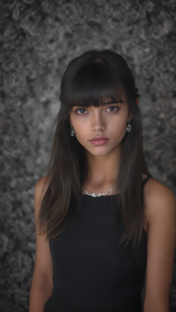 a stunningly gorgeous young girl, age 18, with long, flowing black hair and dark eyes, exuding an air of confidence and allure. She is elegantly dressed in a sleek, form-fitting black mini dress and ((sparkly diamond earrings)), accessorizing with a luxurious black handbag and ((black heels)). Her hair is styled in loose, bangs that mimic the look of the 2020s, with a sleek, minimalist necklace that complements the overall look. The background is a (((black and white mini square frame) adorned with intricate, diamond-like patterns and luxurious details, adding to the overall sophistication of the image