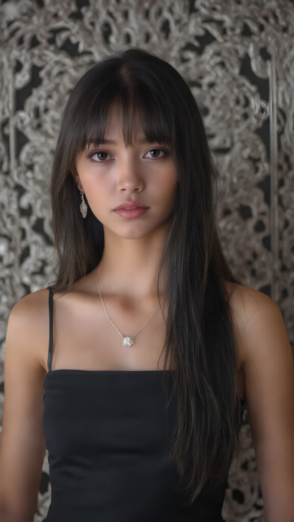 a stunningly gorgeous young girl, age 18, with long, flowing black hair and dark eyes, exuding an air of confidence and allure. She is elegantly dressed in a sleek, form-fitting black mini dress and ((sparkly diamond earrings)), accessorizing with a luxurious black handbag and ((black heels)). Her hair is styled in loose, bangs that mimic the look of the 2020s, with a sleek, minimalist necklace that complements the overall look. The background is a (((black and white mini square frame) adorned with intricate, diamond-like patterns and luxurious details, adding to the overall sophistication of the image