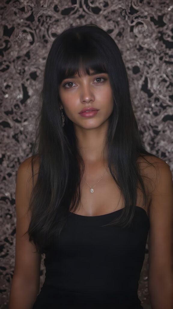 a stunningly gorgeous young girl, age 18, with long, flowing black hair and dark eyes, exuding an air of confidence and allure. She is elegantly dressed in a sleek, form-fitting black mini dress and ((sparkly diamond earrings)), accessorizing with a luxurious black handbag and ((black heels)). Her hair is styled in loose, bangs that mimic the look of the 2020s, with a sleek, minimalist necklace that complements the overall look. The background is a (((black and white mini square frame) adorned with intricate, diamond-like patterns and luxurious details, adding to the overall sophistication of the image