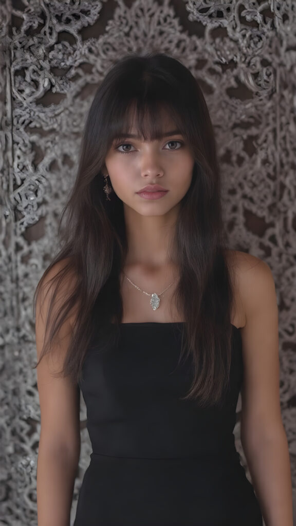 a stunningly gorgeous young girl, age 18, with long, flowing black hair and dark eyes, exuding an air of confidence and allure. She is elegantly dressed in a sleek, form-fitting black mini dress and ((sparkly diamond earrings)), accessorizing with a luxurious black handbag and ((black heels)). Her hair is styled in loose, bangs that mimic the look of the 2020s, with a sleek, minimalist necklace that complements the overall look. The background is a (((black and white mini square frame) adorned with intricate, diamond-like patterns and luxurious details, adding to the overall sophistication of the image