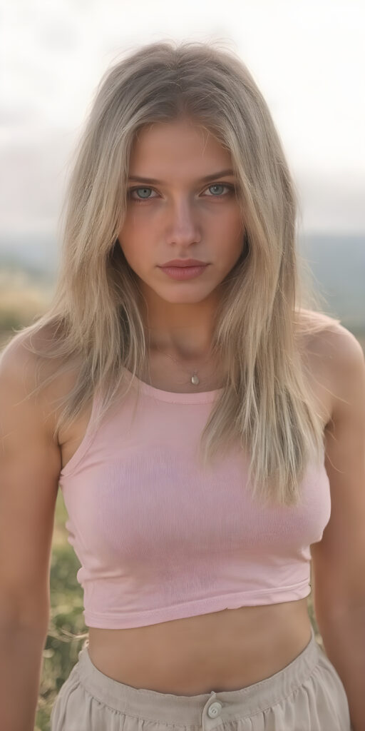 super realistic and detailed photo, a beautiful girl, with (straight, jet soft hair, bangs), (full body view, with a slightly turned head, looking up into the camera), she wears an (thigh-length) short cropped light grey sport tank top (that perfectly complements her youthful curved figure) paired with a round short black mini skirt, show her legs, the lighting is soft and warm, highlighting her natural beauty and the intricate details of her dress, all against a sunny backdrop in nature, ((the camera is slightly sideways at half height))