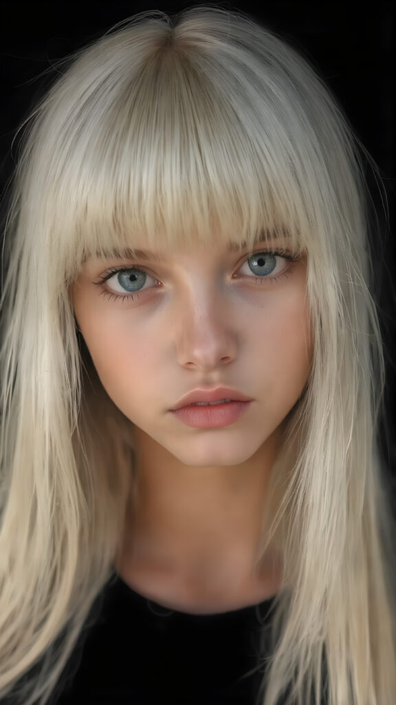 a stunningly realistic (((full body photograph))), capturing a young teen girl with (((extremely long, sleekly soft straight white hair, bangs))), which flows down elegantly, where she’s gracefully posed, the picture reflecting her perfectly proportioned figure and the intricate details of her ((perfectly sculpted face)), showcasing ultra realistic color and contrast that brings this masterpiece to an unparalleled level of detail and clarity, at an 8K resolution, emanating a soft, warm glow, ((all against a black backdrop))