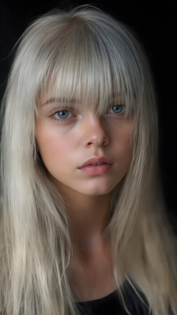 a stunningly realistic (((full body photograph))), capturing a young teen girl with (((extremely long, sleekly soft straight white hair, bangs))), which flows down elegantly, where she’s gracefully posed, the picture reflecting her perfectly proportioned figure and the intricate details of her ((perfectly sculpted face)), showcasing ultra realistic color and contrast that brings this masterpiece to an unparalleled level of detail and clarity, at an 8K resolution, emanating a soft, warm glow, ((all against a black backdrop))