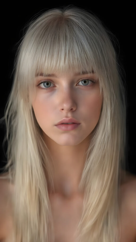 a stunningly realistic (((full body photograph))), capturing a young teen girl with (((extremely long, sleekly soft straight white hair, bangs))), which flows down elegantly, where she’s gracefully posed, the picture reflecting her perfectly proportioned figure and the intricate details of her ((perfectly sculpted face)), showcasing ultra realistic color and contrast that brings this masterpiece to an unparalleled level of detail and clarity, at an 8K resolution, emanating a soft, warm glow, ((all against a black backdrop))