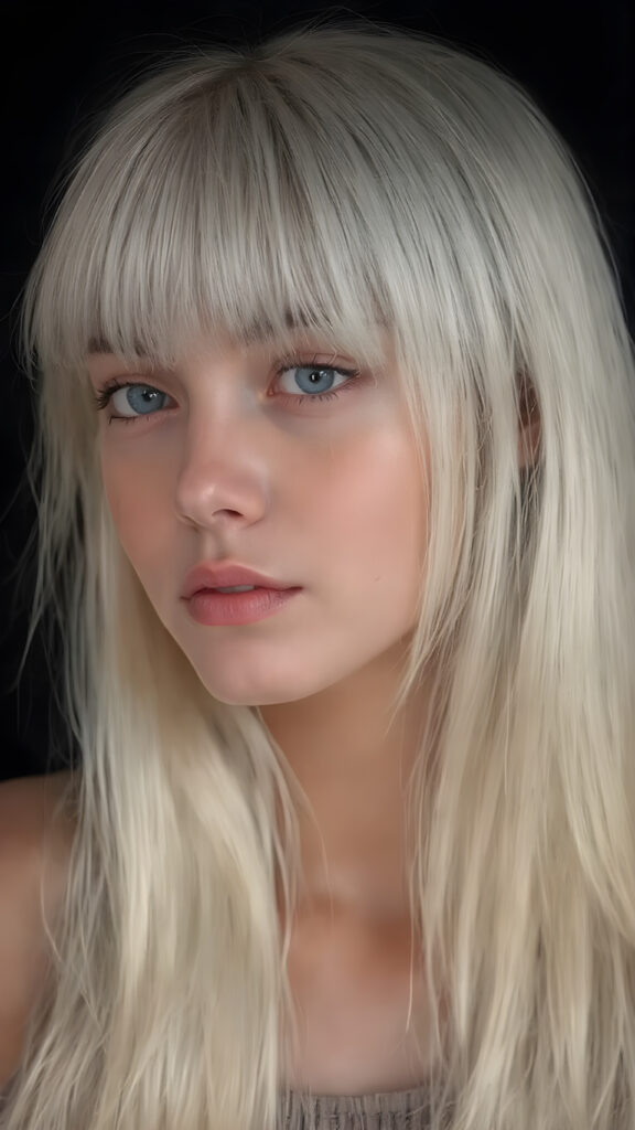 a stunningly realistic (((full body photograph))), capturing a young teen girl with (((extremely long, sleekly soft straight white hair, bangs))), which flows down elegantly, where she’s gracefully posed, the picture reflecting her perfectly proportioned figure and the intricate details of her ((perfectly sculpted face)), showcasing ultra realistic color and contrast that brings this masterpiece to an unparalleled level of detail and clarity, at an 8K resolution, emanating a soft, warm glow, ((all against a black backdrop))