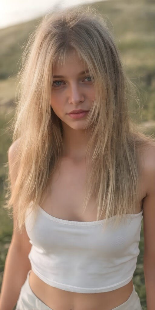 super realistic and detailed photo, a beautiful girl, with (straight, jet soft hair, bangs), (full body view, with a slightly turned head, looking up into the camera), she wears an (thigh-length) short cropped light grey sport tank top (that perfectly complements her youthful curved figure) paired with a round short black mini skirt, show her legs, the lighting is soft and warm, highlighting her natural beauty and the intricate details of her dress, all against a sunny backdrop in nature, ((the camera is slightly sideways at half height))