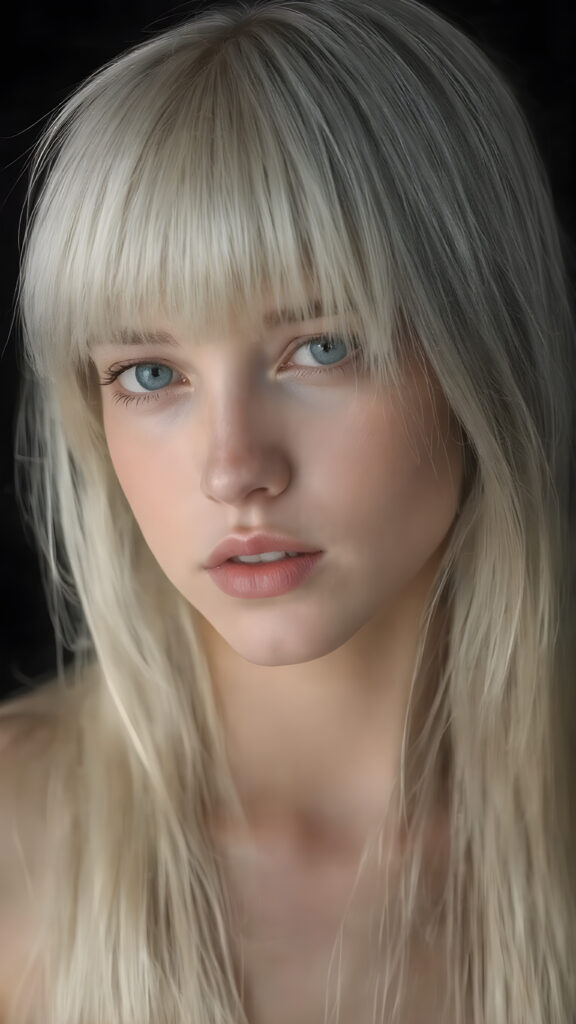 a stunningly realistic (((full body photograph))), capturing a young teen girl with (((extremely long, sleekly soft straight white hair, bangs))), which flows down elegantly, where she’s gracefully posed, the picture reflecting her perfectly proportioned figure and the intricate details of her ((perfectly sculpted face)), showcasing ultra realistic color and contrast that brings this masterpiece to an unparalleled level of detail and clarity, at an 8K resolution, emanating a soft, warm glow, ((all against a black backdrop))