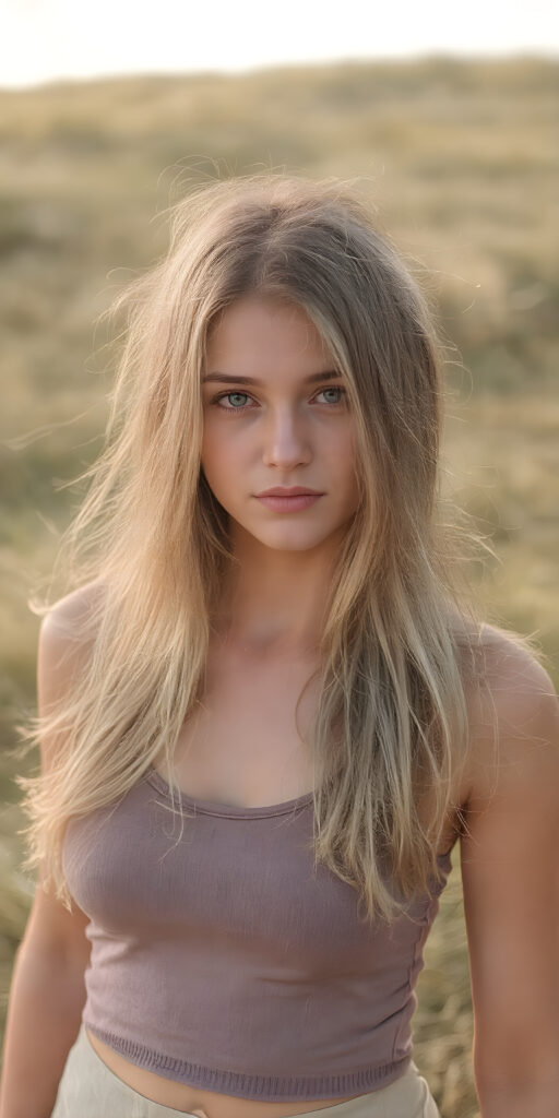 super realistic and detailed photo, a beautiful girl, with (straight, jet soft hair, bangs), (full body view, with a slightly turned head, looking up into the camera), she wears an (thigh-length) short cropped light grey sport tank top (that perfectly complements her youthful curved figure) paired with a round short black mini skirt, show her legs, the lighting is soft and warm, highlighting her natural beauty and the intricate details of her dress, all against a sunny backdrop in nature, ((the camera is slightly sideways at half height))