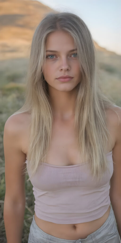 super realistic and detailed photo, a beautiful girl, with (straight, jet soft hair, bangs), (full body view, with a slightly turned head, looking up into the camera), she wears an (thigh-length) short cropped light grey sport tank top (that perfectly complements her youthful curved figure) paired with a round short black mini skirt, show her legs, the lighting is soft and warm, highlighting her natural beauty and the intricate details of her dress, all against a sunny backdrop in nature, ((the camera is slightly sideways at half height))