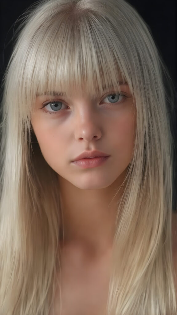 a stunningly realistic (((full body photograph))), capturing a young teen girl with (((extremely long, sleekly soft straight white hair, bangs))), which flows down elegantly, where she’s gracefully posed, the picture reflecting her perfectly proportioned figure and the intricate details of her ((perfectly sculpted face)), showcasing ultra realistic color and contrast that brings this masterpiece to an unparalleled level of detail and clarity, at an 8K resolution, emanating a soft, warm glow, ((all against a black backdrop))