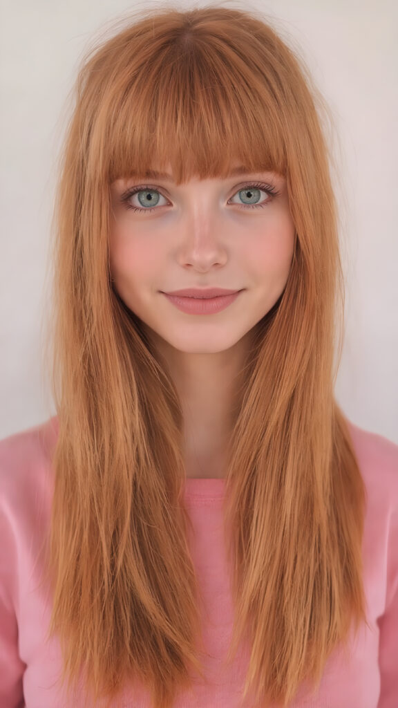 a sugar-sweet, girlie, long super straight jet soft red-orange hair, detailed and realistic, thin dressed in pink, smile, round face, green eyes, cute, gorgeous, stunning