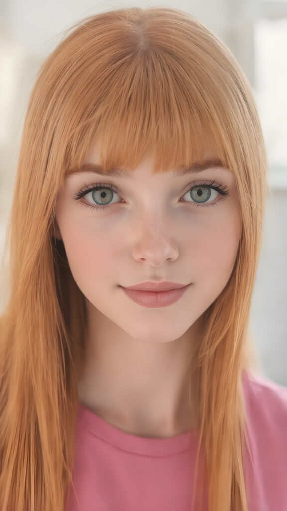 a sugar-sweet, girlie, long super straight jet soft red-orange hair, detailed and realistic, thin dressed in pink, smile, round face, green eyes, cute, gorgeous, stunning