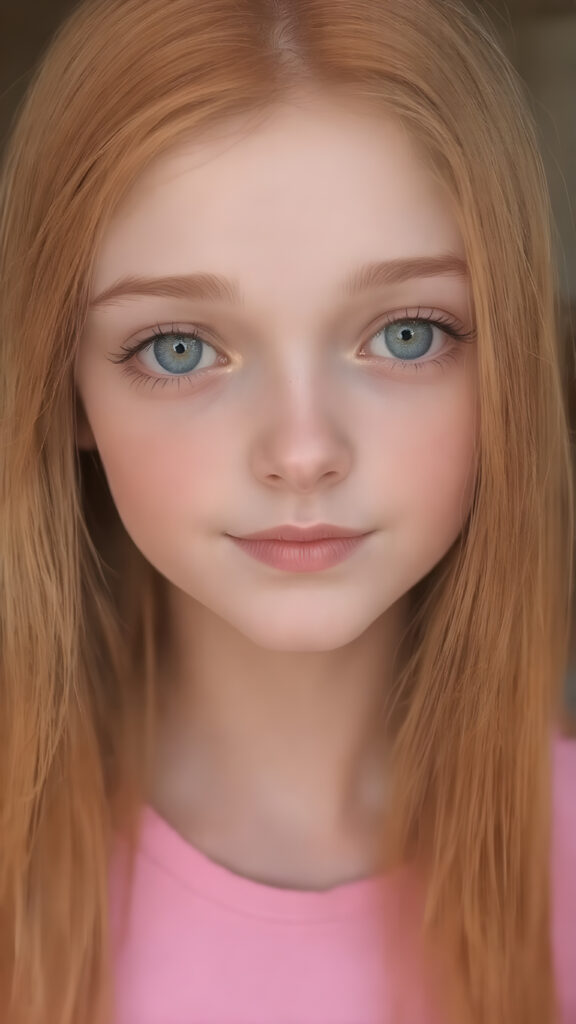 a sugar-sweet, girlie, long super straight jet soft red-orange hair, detailed and realistic, thin dressed in pink, smile, round face, green eyes, cute, gorgeous, stunning
