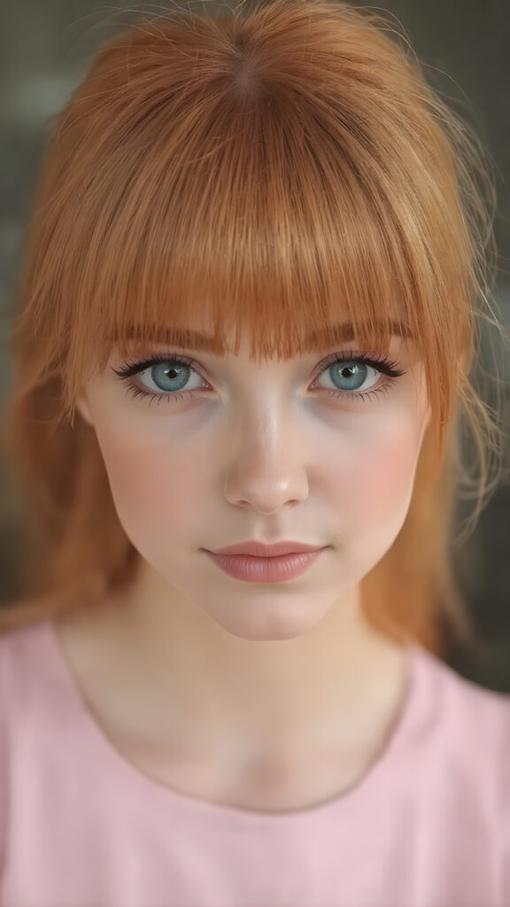 a sugar-sweet, girlie, long super straight jet soft red-orange hair, detailed and realistic, thin dressed in pink, smile, round face, green eyes, cute, gorgeous, stunning
