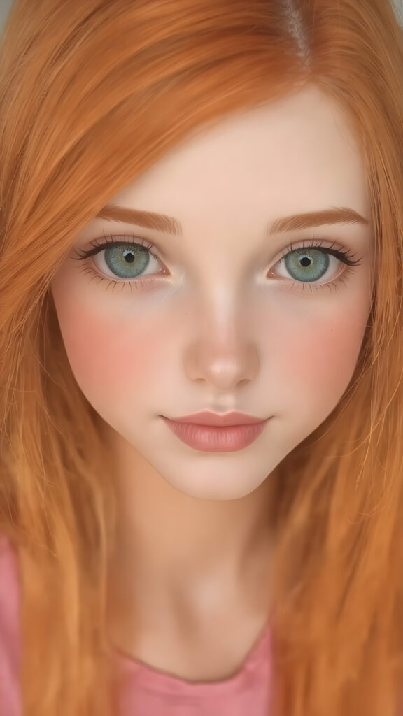 a sugar-sweet, girlie, long super straight jet soft red-orange hair, detailed and realistic, thin dressed in pink, smile, round face, green eyes, cute, gorgeous, stunning