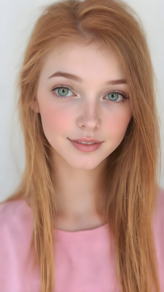 a sugar-sweet, girlie, long super straight jet soft red-orange hair, detailed and realistic, thin dressed in pink, smile, round face, green eyes, cute, gorgeous, stunning