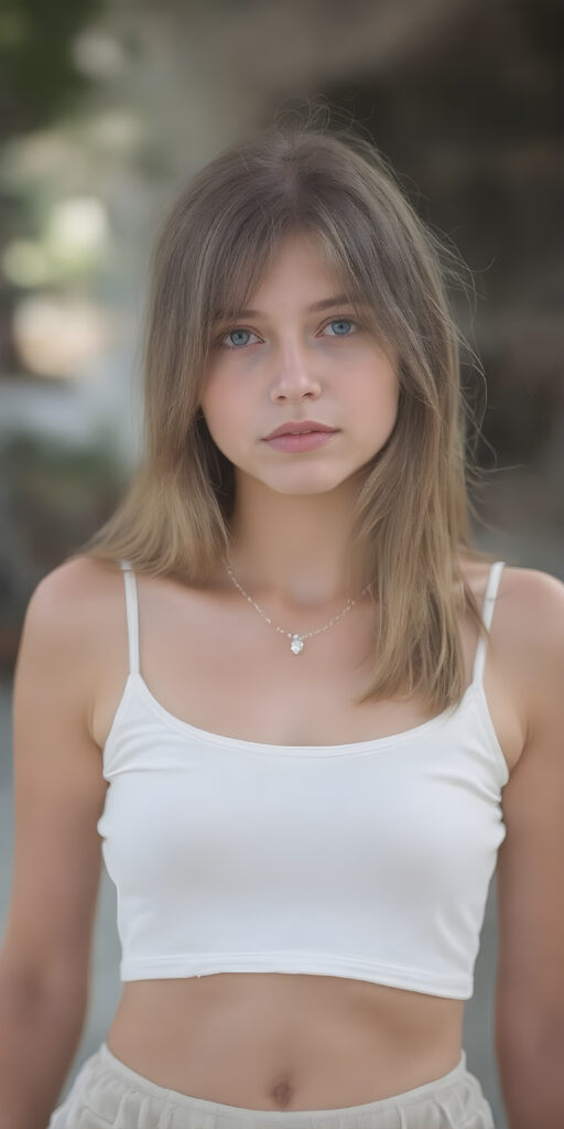 a (((summer day))) where a (((beautiful young teen girl with a sleek, detailed face))) is standing confidently, dressed in a ((thin, transparent clingy white top)) and a ((short, translucent clingy summer skirt)). Her light super straight brown hair falls over her body, a (diamond necklace) adds a touch of sophistication to her look, perfectly accentuating her youthful, sophisticated aesthetic, summer vibe