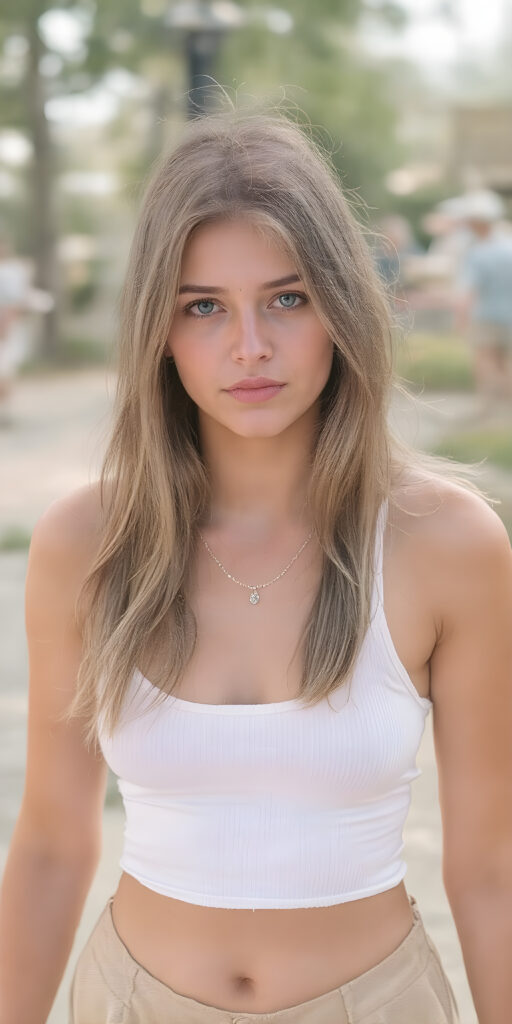 a (((summer day))) where a (((beautiful young teen girl with a sleek, detailed face))) is standing confidently, dressed in a ((thin, transparent clingy white top)) and a ((short, translucent clingy summer skirt)). Her light super straight brown hair falls over her body, a (diamond necklace) adds a touch of sophistication to her look, perfectly accentuating her youthful, sophisticated aesthetic, summer vibe